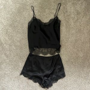 Victoria’s Secret black satin lace trim sexy pajamas set XS